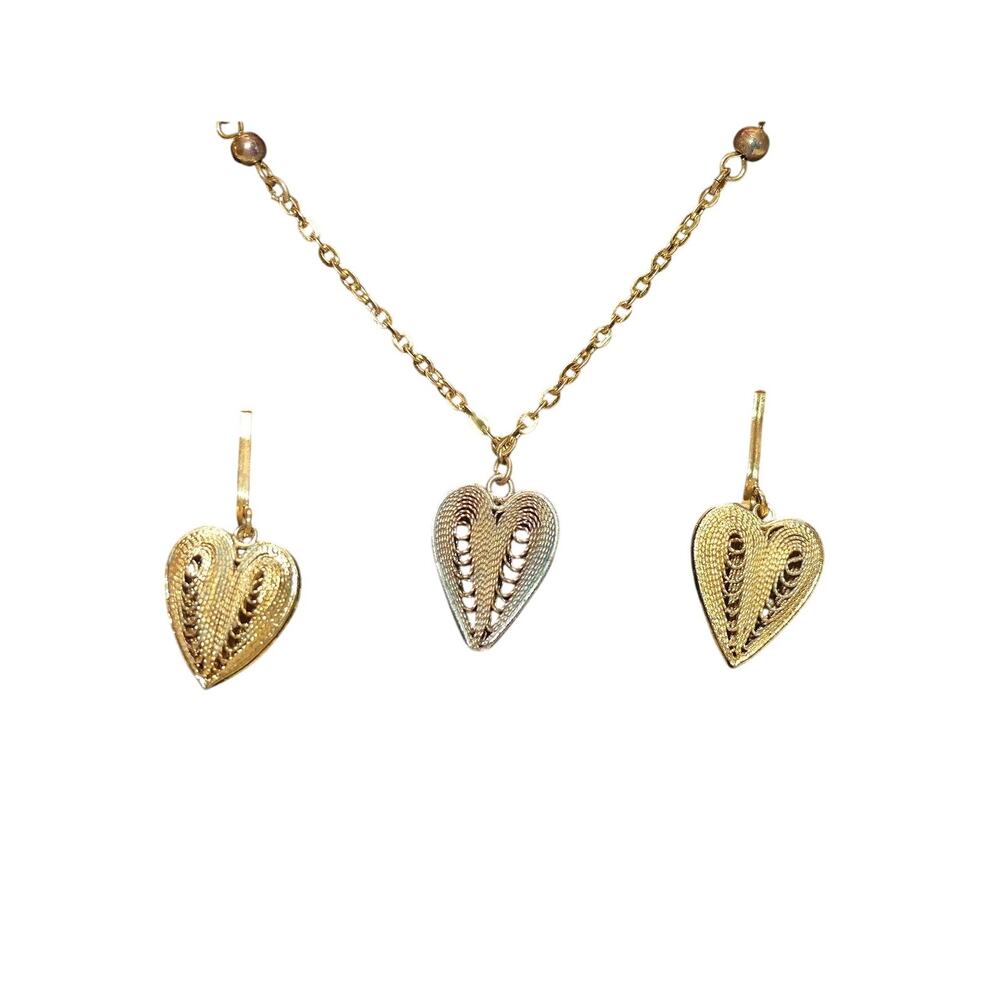 Vintage 14KT Gold Plated Filigree Heart Demi Parure (Necklace and Earrings Set)